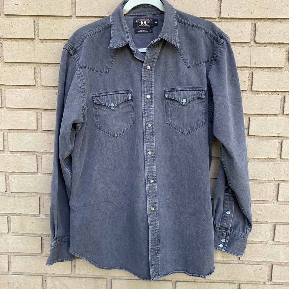 Vintage RRL Ralph Lauren Mens Gray Western Denim Shirt Size Large Pearl Snap